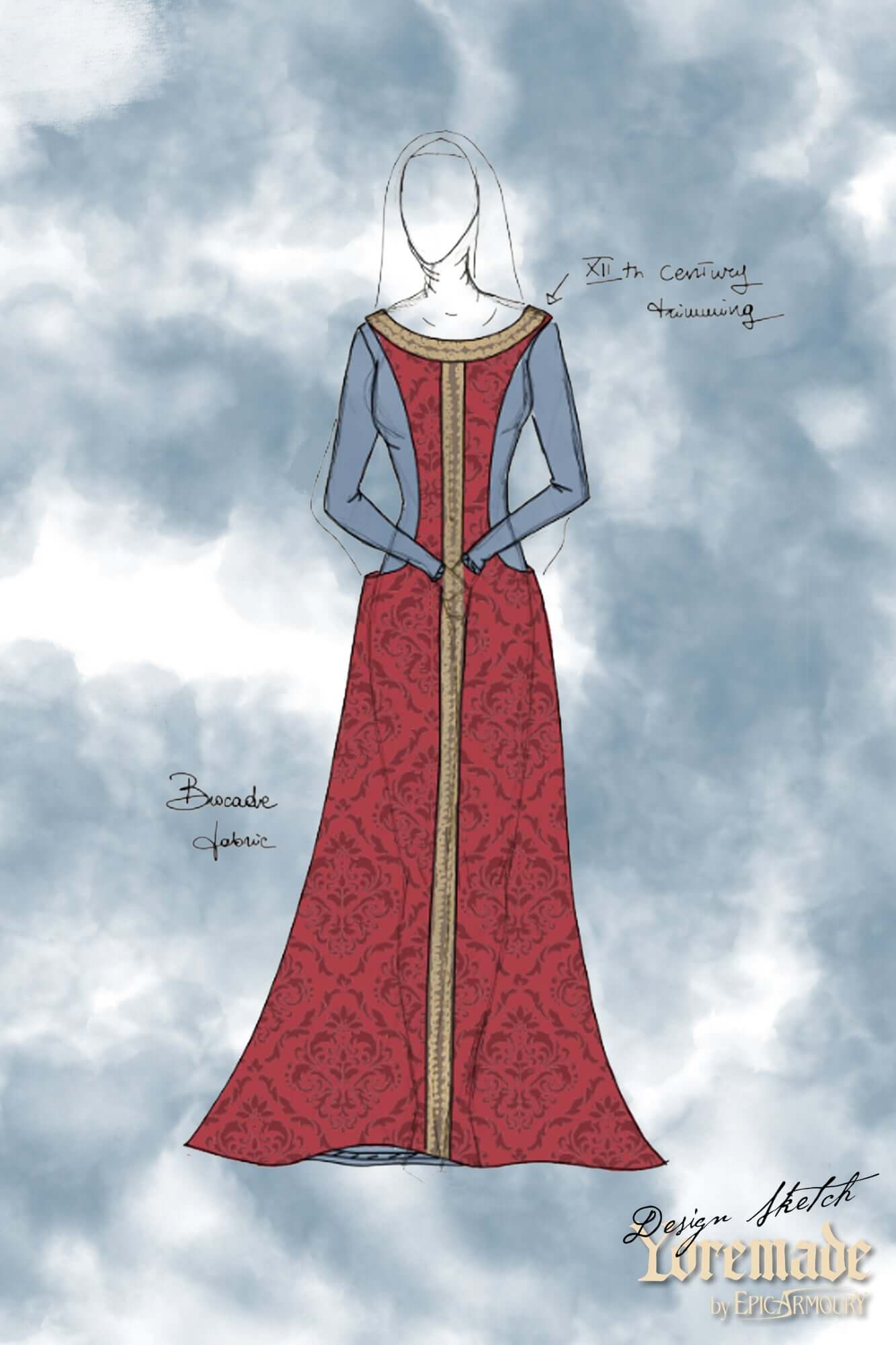 Pellote - Medieval Dress design sketch featuring a brocade fabric and 14th-century style.