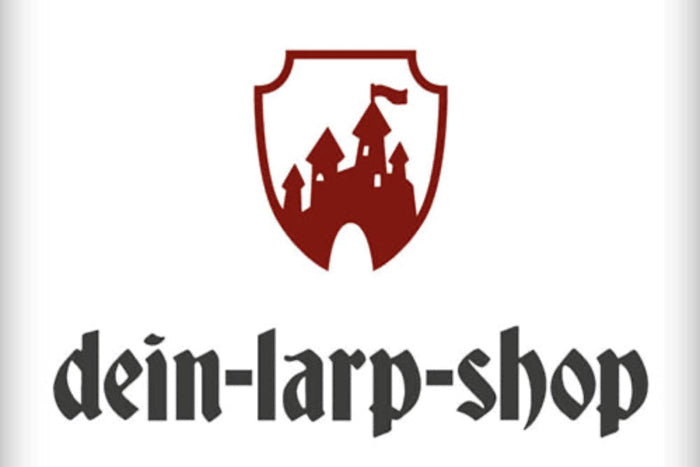 Logo of dein-larp-shop featuring a castle silhouette with red shield and Gothic-style text.