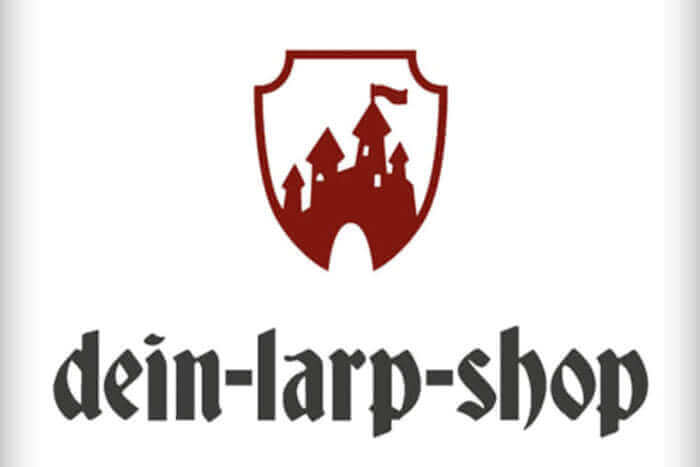 Logo of dein-larp-shop featuring a castle silhouette with red shield and Gothic-style text.