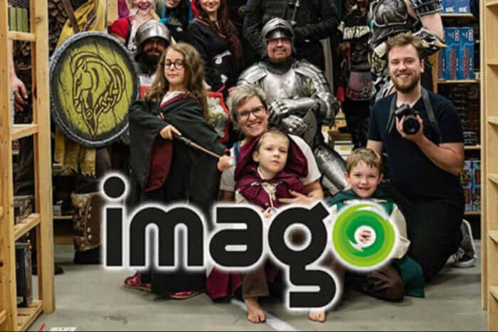 A lively group of cosplayers and friends gathering at a gaming event with the 'imago' logo prominently featured.