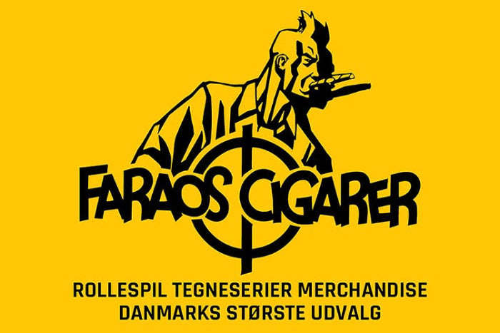 Logo of Faraos Cigarer featuring a punk character, promoting comic merchandise and board games in Denmark.