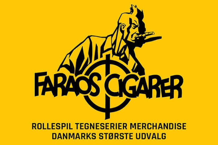 Logo of Faraos Cigarer featuring a punk character, promoting comic merchandise and board games in Denmark.