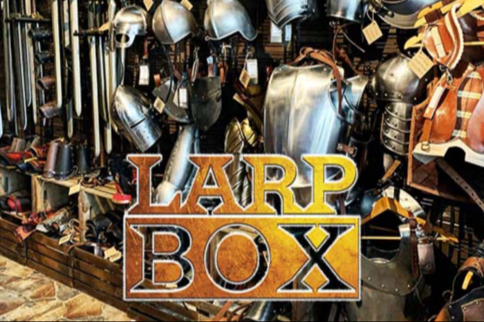 LARP Box featuring a variety of medieval weapons and armor on display, perfect for live-action roleplay enthusiasts.