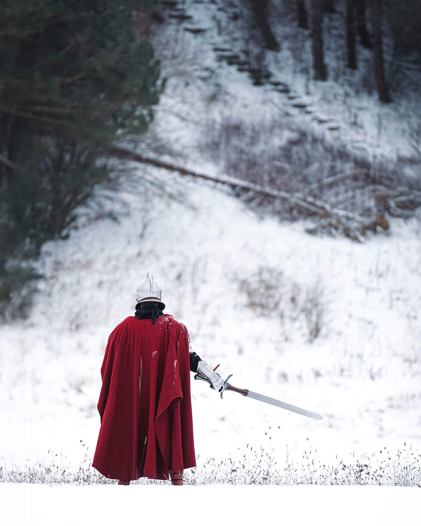 A knight in a red cape stands in a snowy landscape, holding a sword, with trees in the background.