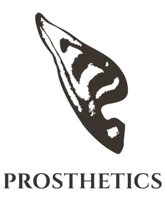 Black and white illustration of a prosthetic ear with 'PROSTHETICS' text below on a white background