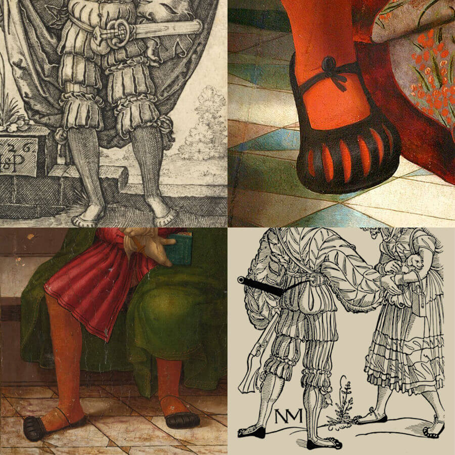 Historical art shows Landsknecht shoes as inspiration for this Renaissance footwear.