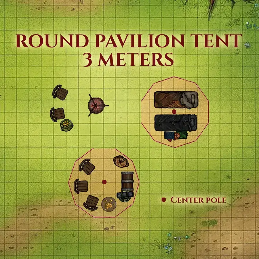 Diagram of a 3-meter round pavilion tent with layout details and center pole.