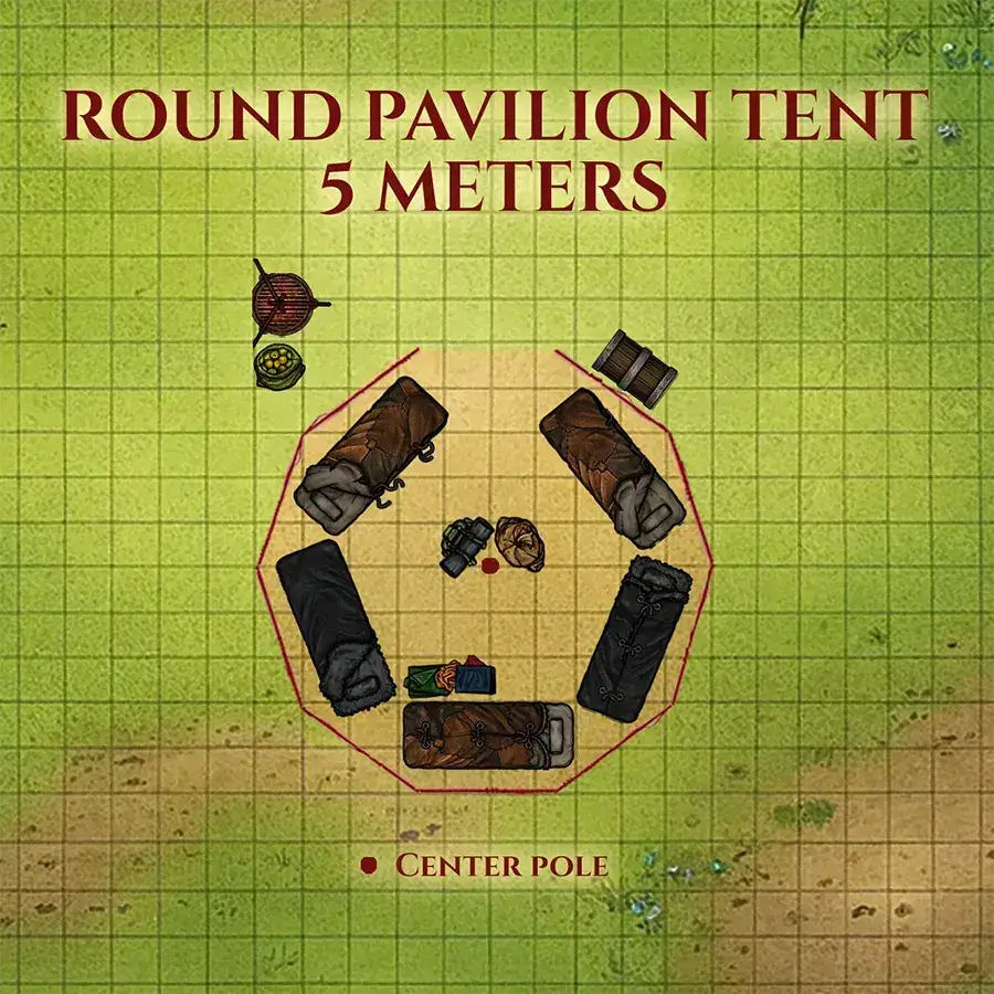 Illustration of a round pavilion tent layout, measuring 5 meters, with a center pole and sleeping bags.