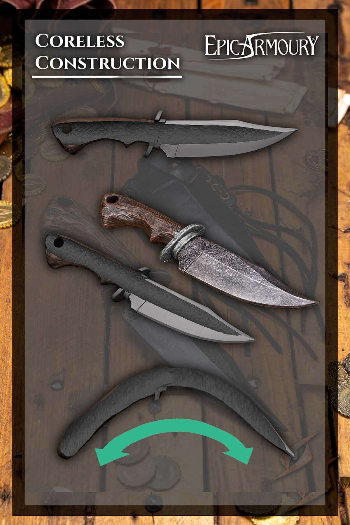 Coreless construction knives displayed on a wooden surface, showcasing design and craftsmanship by Epic Armoury.