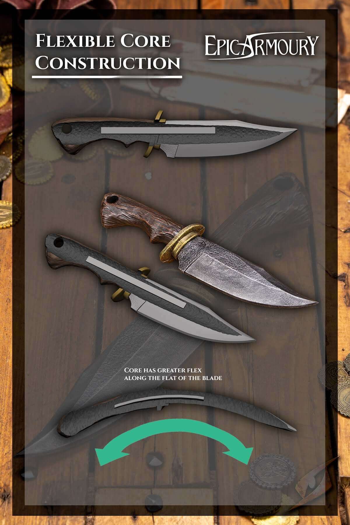 Image showcasing Epic Armoury flexible core construction with various knife designs and features.