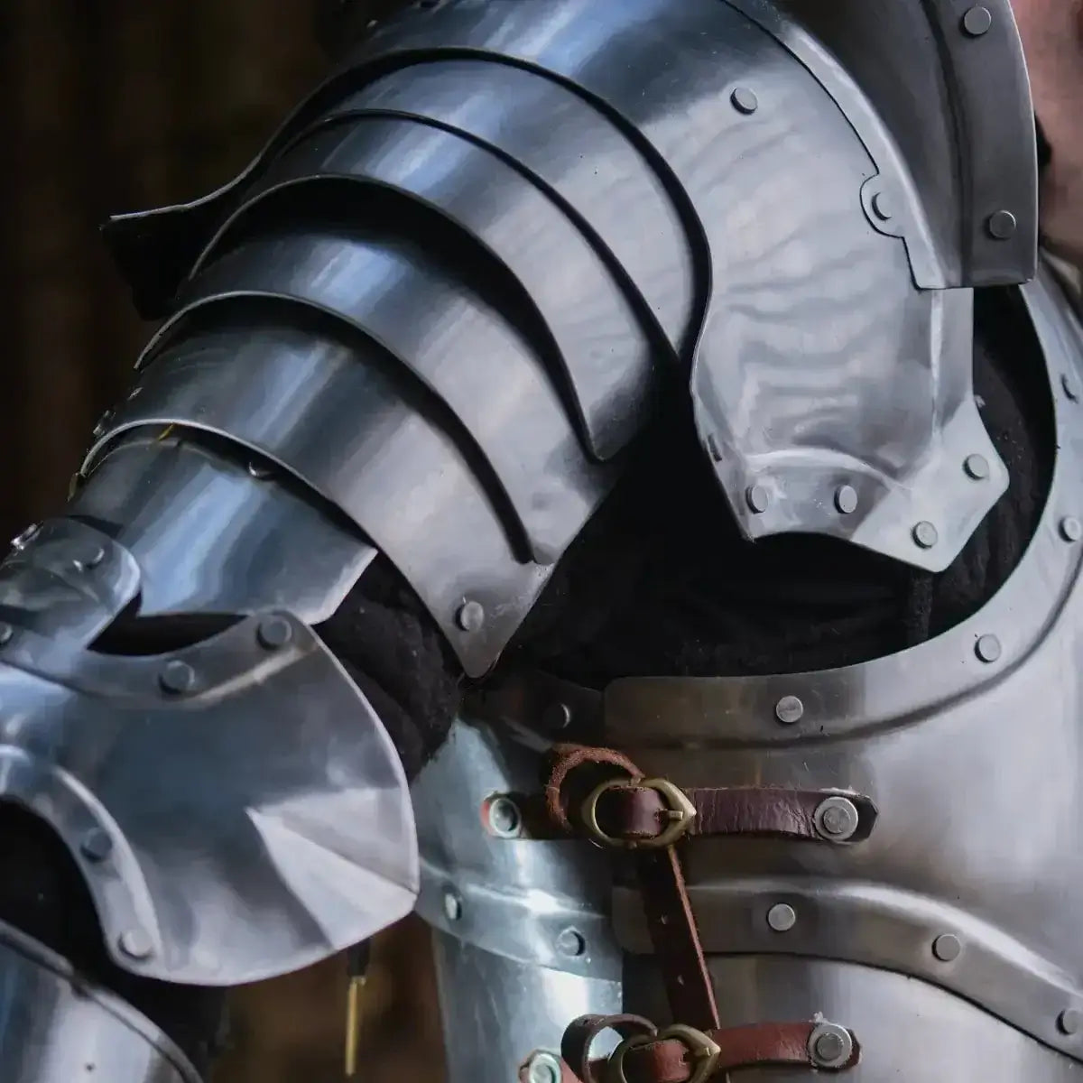 Close-up of medieval knight's armor, showcasing intricate metal plating and detailing in sunlight.