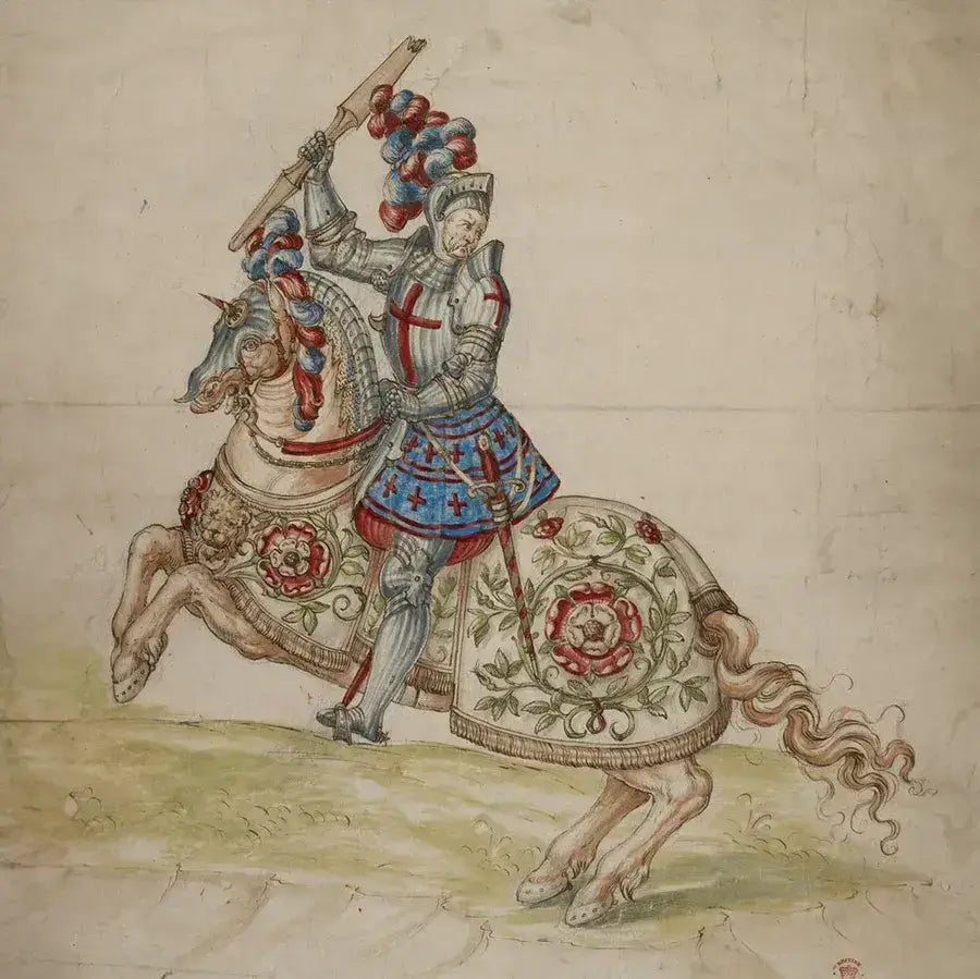 A historical illustration of a knight in armor, riding a decorated horse with intricate floral designs.