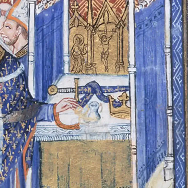 Medieval illustration of a king at a table, featuring vibrant colors and intricate details.