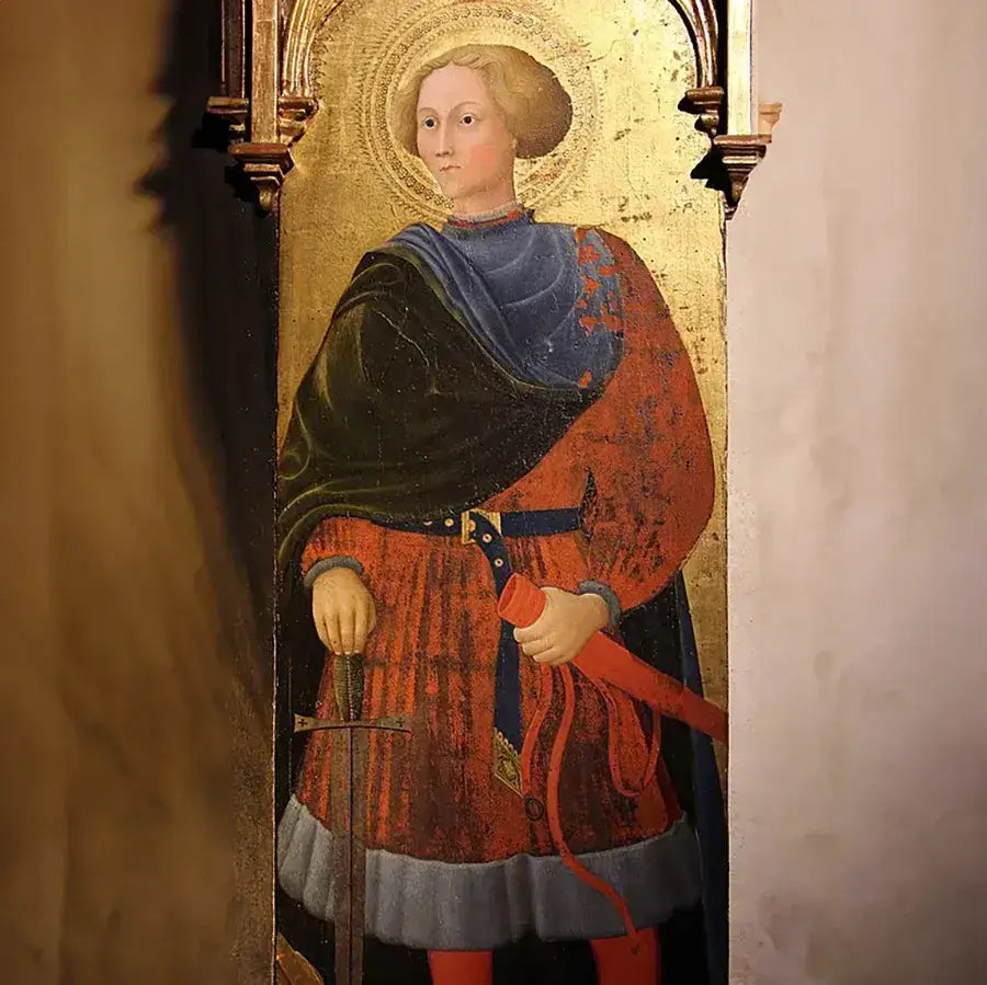 Portrait of a historical figure in vibrant attire holding a sword, with a golden background.