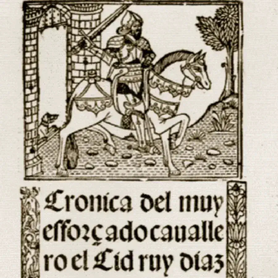 Historical illustration from 'Crónica del muy esforzado Cid Ruy Díaz' depicting a knight on horseback.