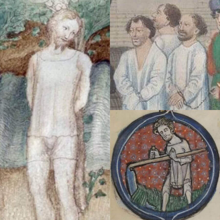 Historical images depicting medieval figures in simple tunic-style shirts for inspiration.