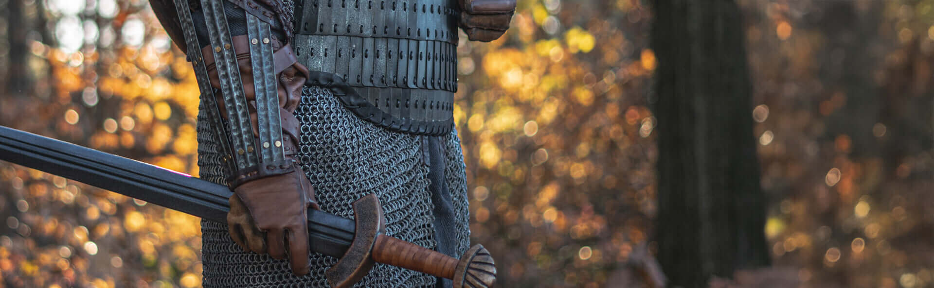 Person in medieval armor holding a sword in a forest setting