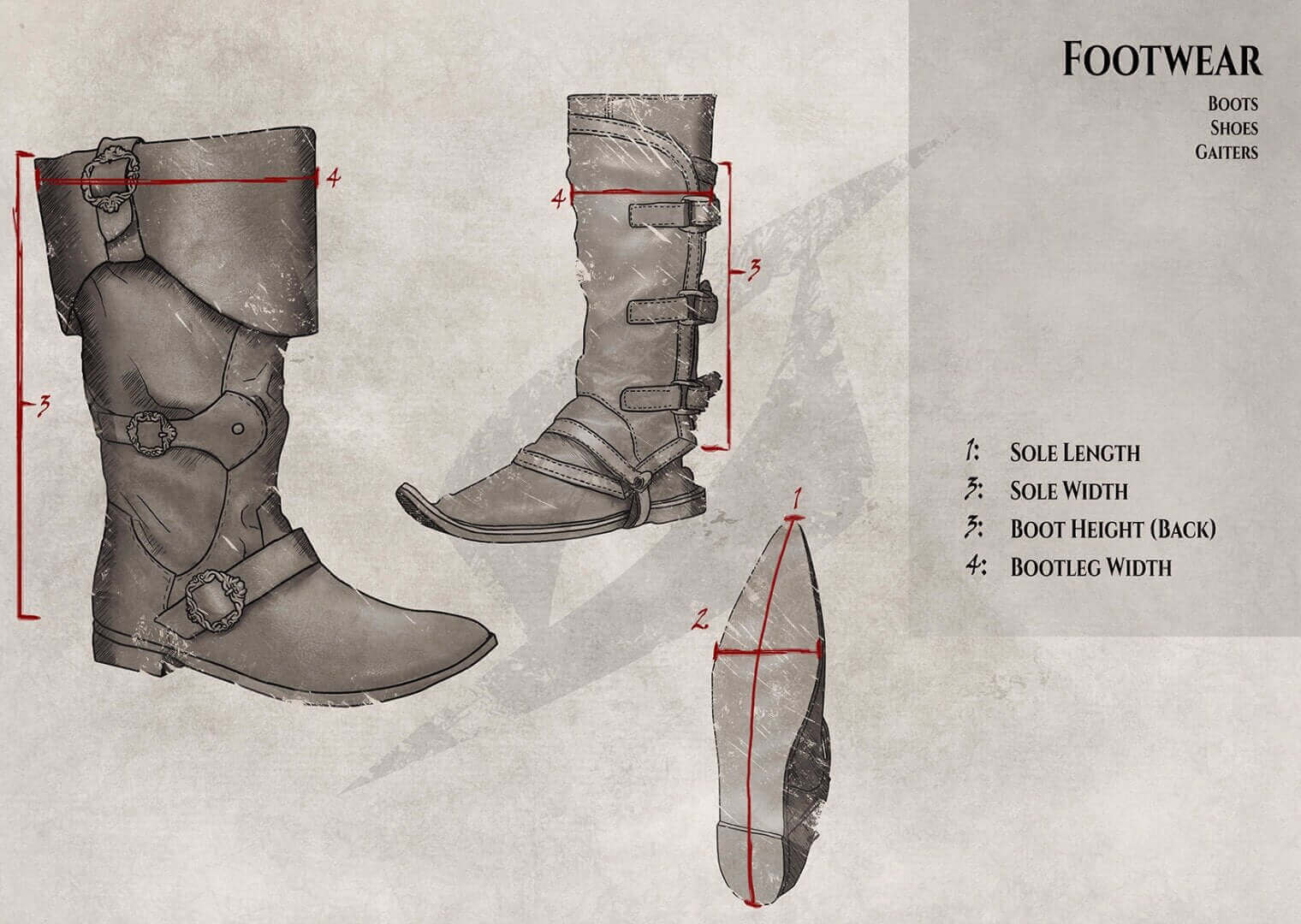Illustration of footwear with measurements including sole length, width, boot height, and bootleg width.