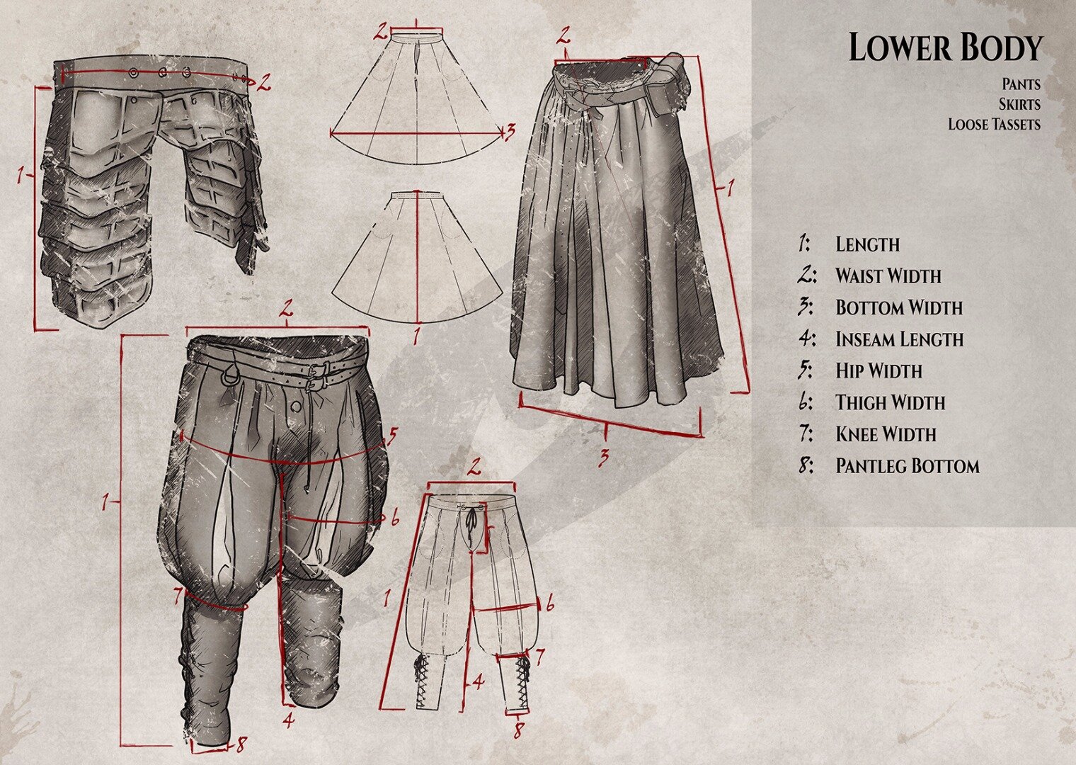 Illustration of lower body garment measurements including pants, skirts, and loose trousers with detailed dimensions.