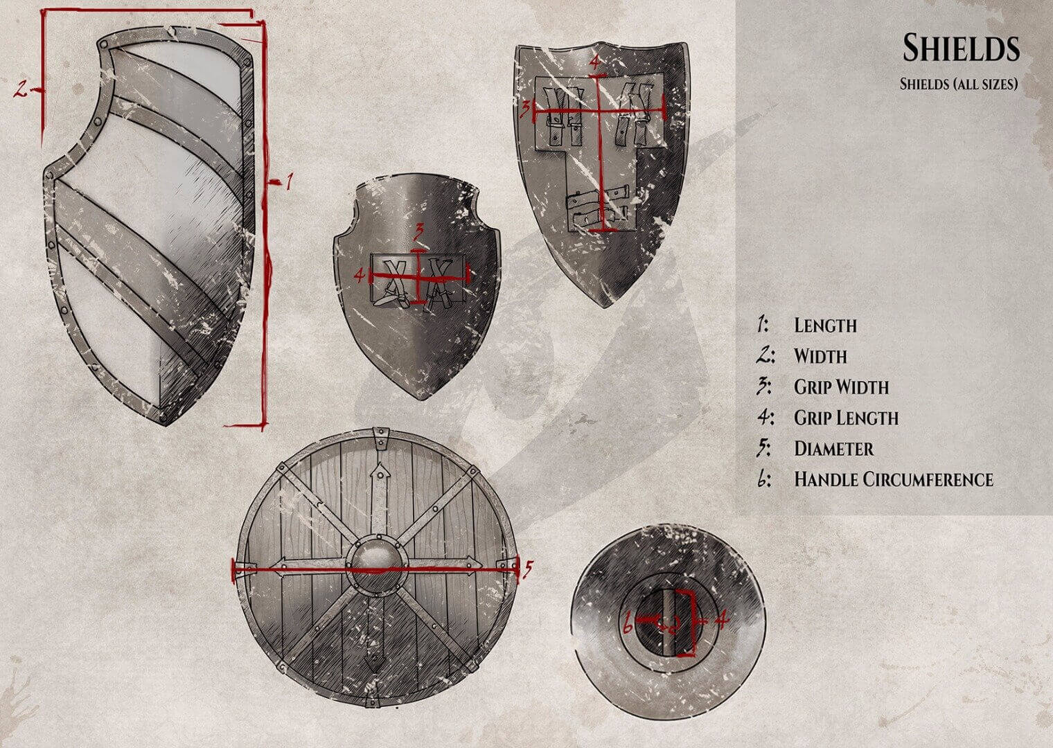 Illustration of various shield designs with dimensions labeled, showcasing different shapes and sizes.