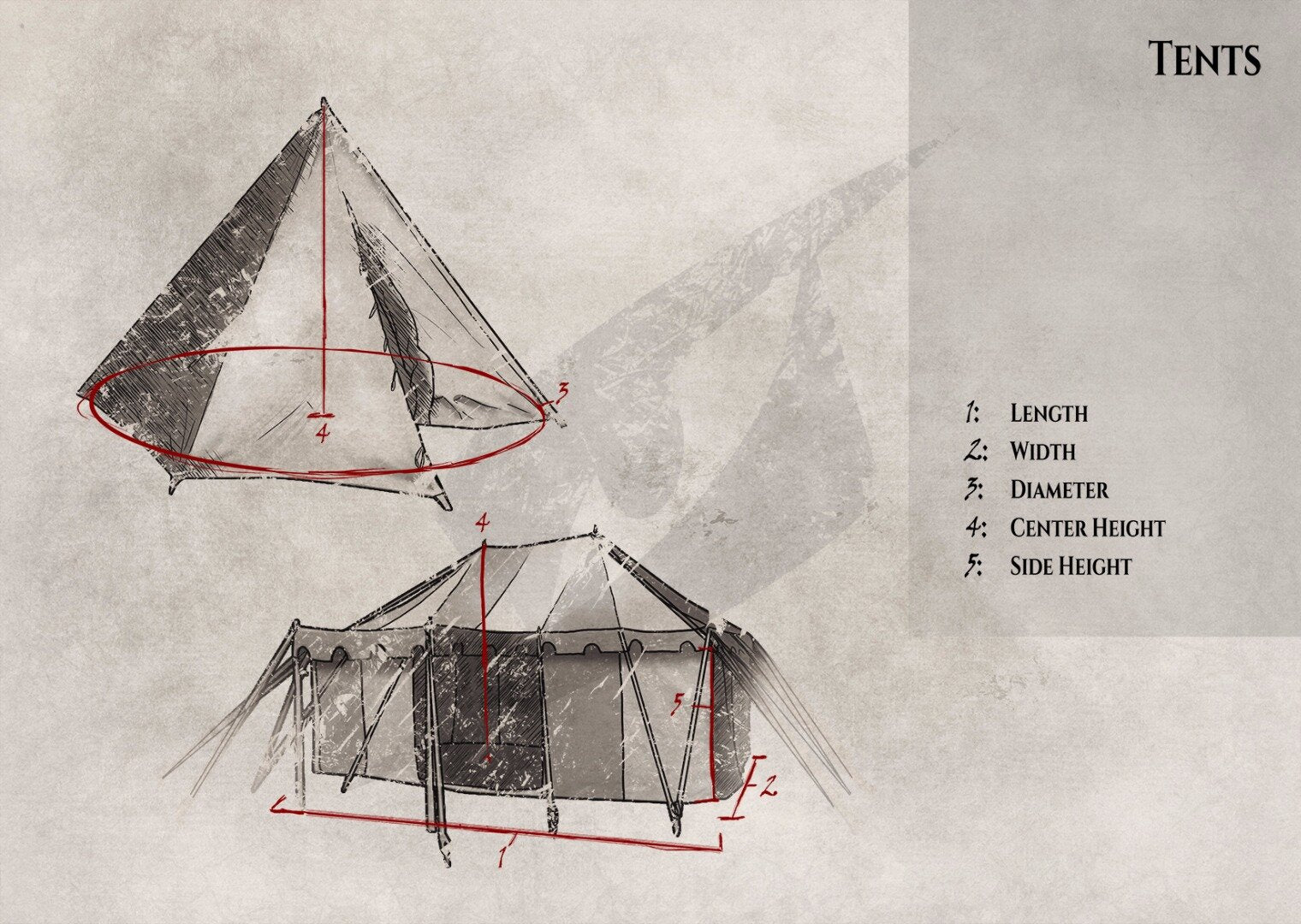 Diagrams of tent dimensions showcasing length, width, diameter, center height, and side height specifications.