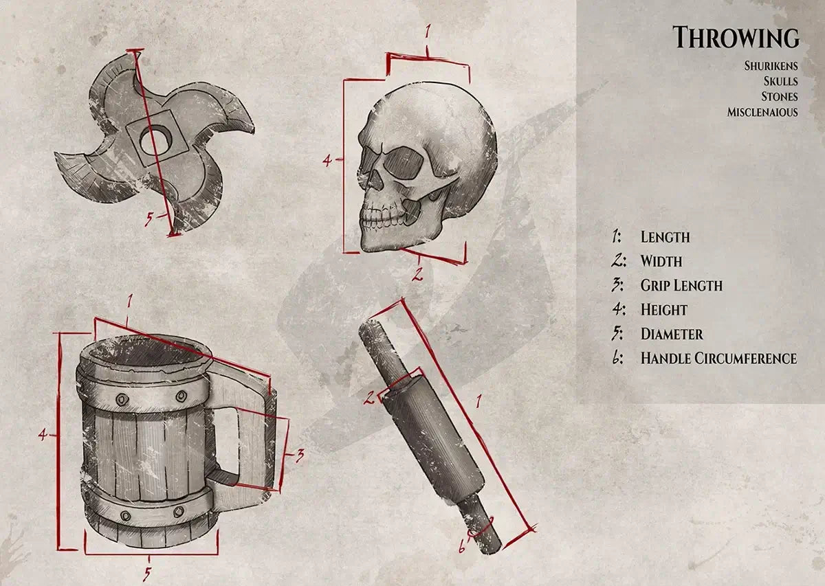 Illustration of throwing weapons including shurikens, skulls, and a mug with dimensions labeled.