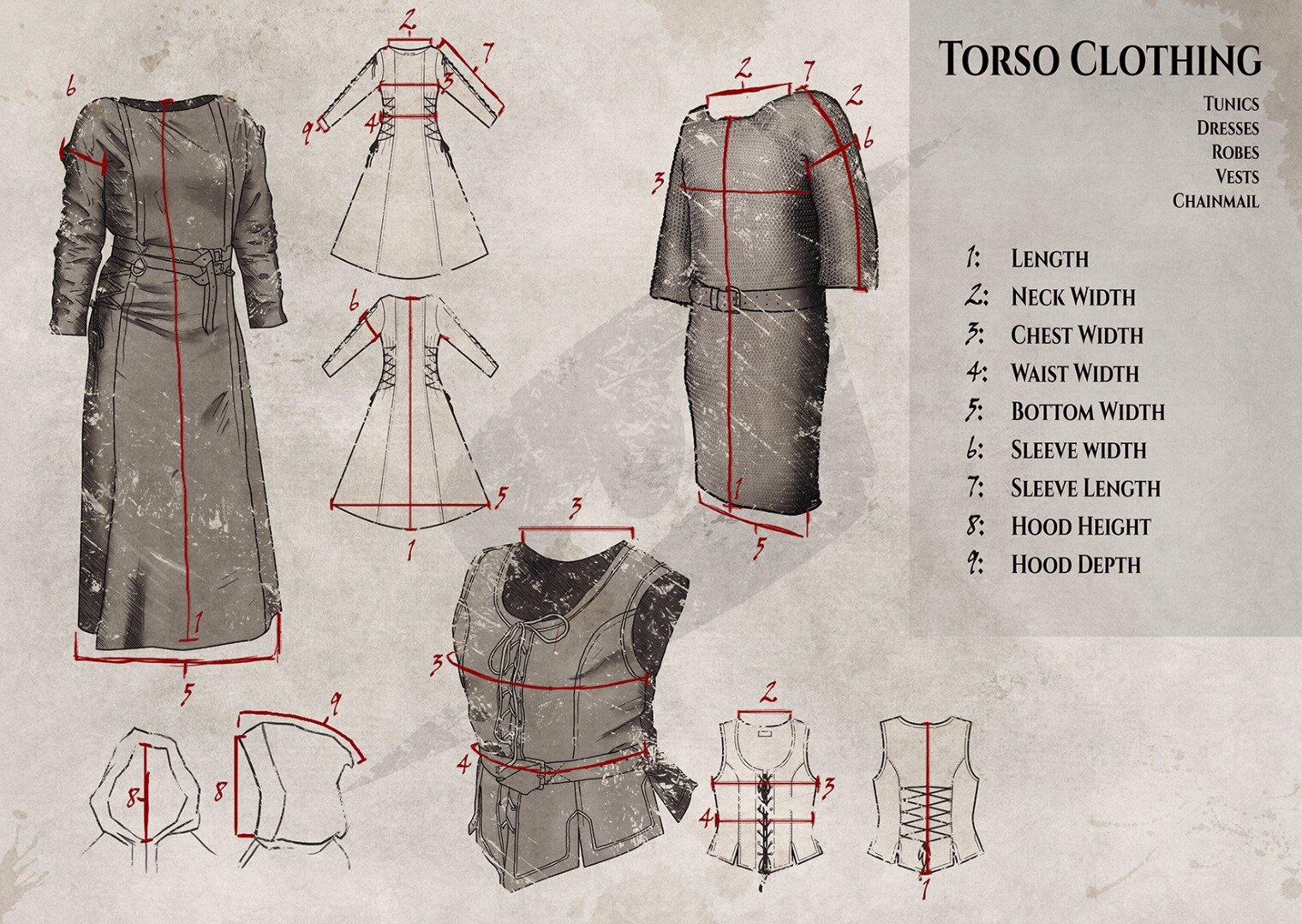 Illustration of torso clothing measurements including tunics, dresses, and robes with marked dimensions for design.