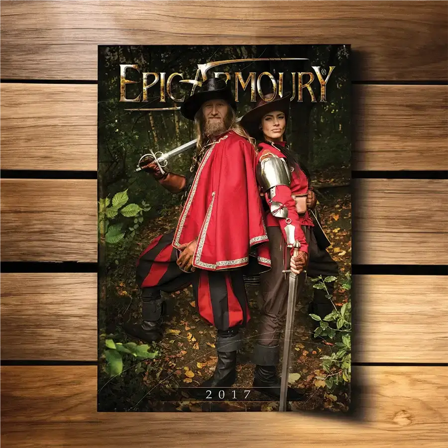 Cover of Epic Armoury 2017 featuring two characters in red cloaks with swords in a forest setting.
