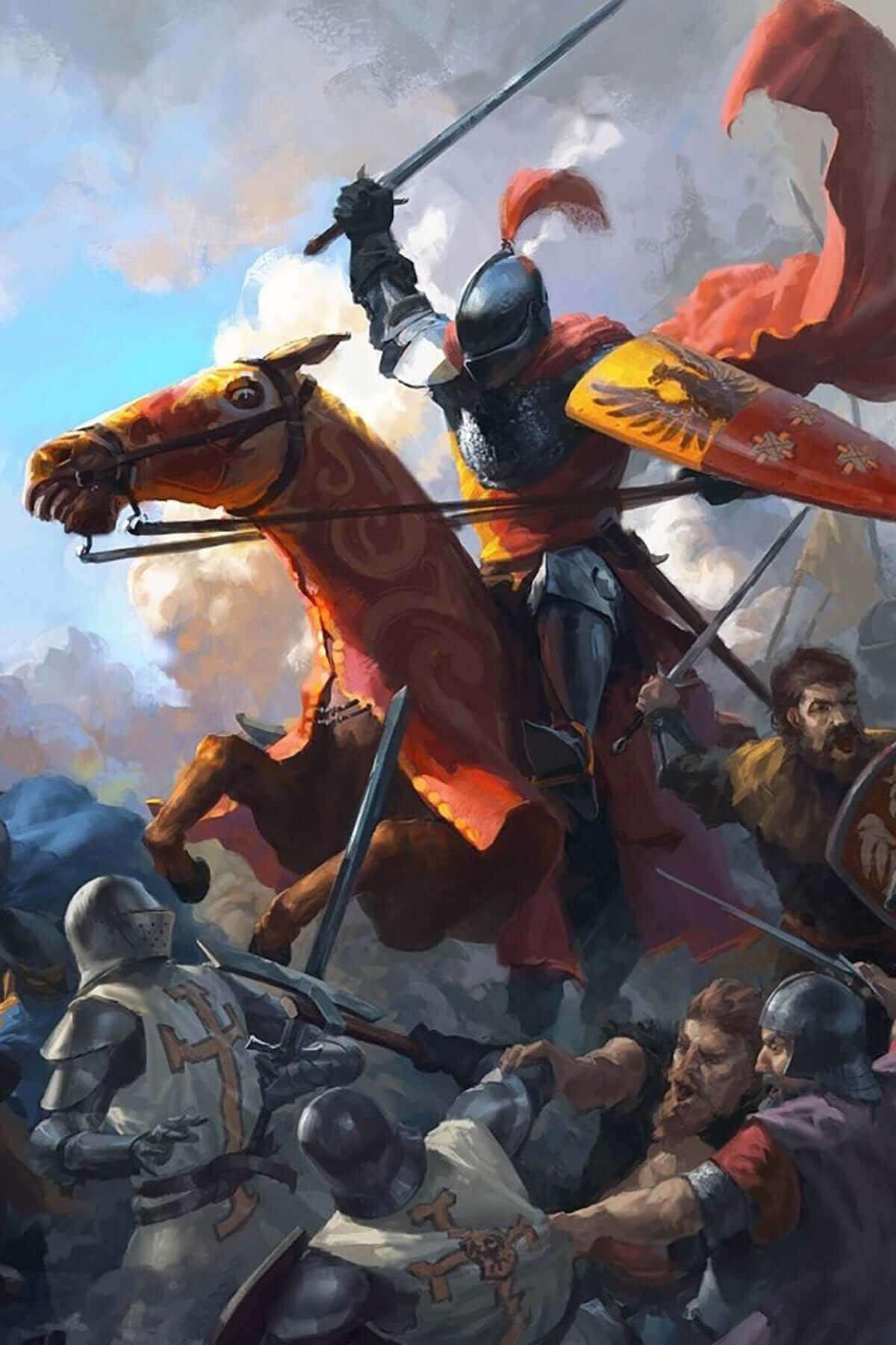 A knight in armor rides a horse into battle, holding a spear and shield amidst a chaotic medieval conflict.
