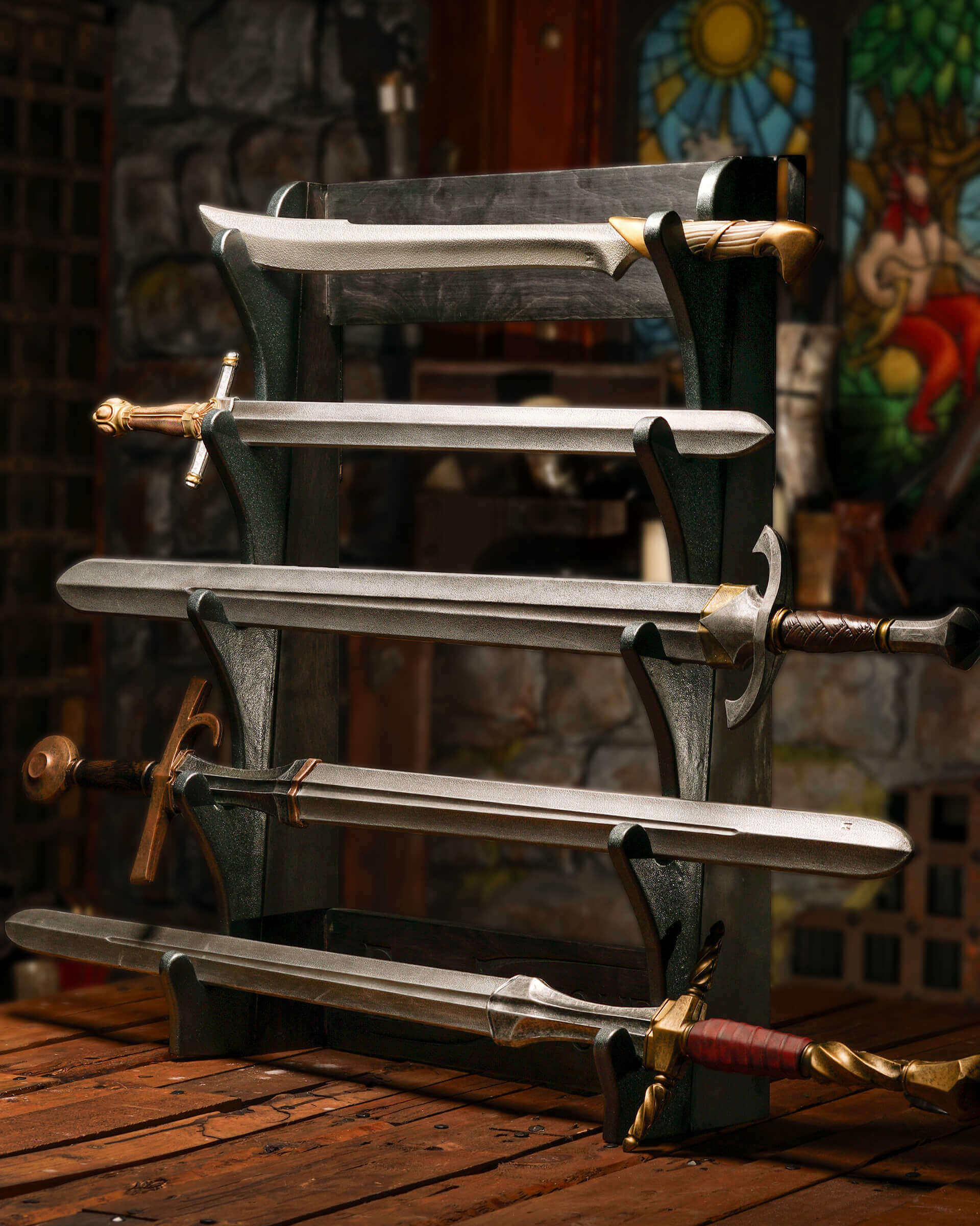 Display of various swords on a rack in a medieval-themed environment with stone walls and stained glass.