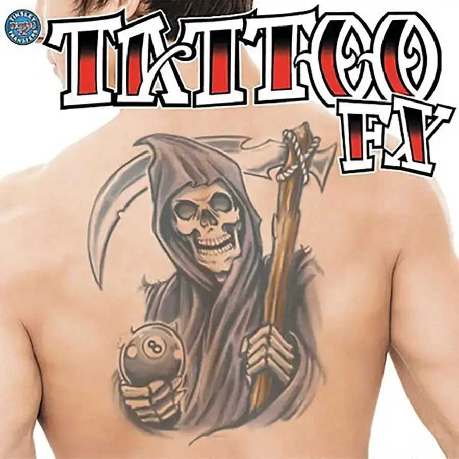 Detailed tattoo of a grim reaper holding a scythe and an eight ball on a person's back.