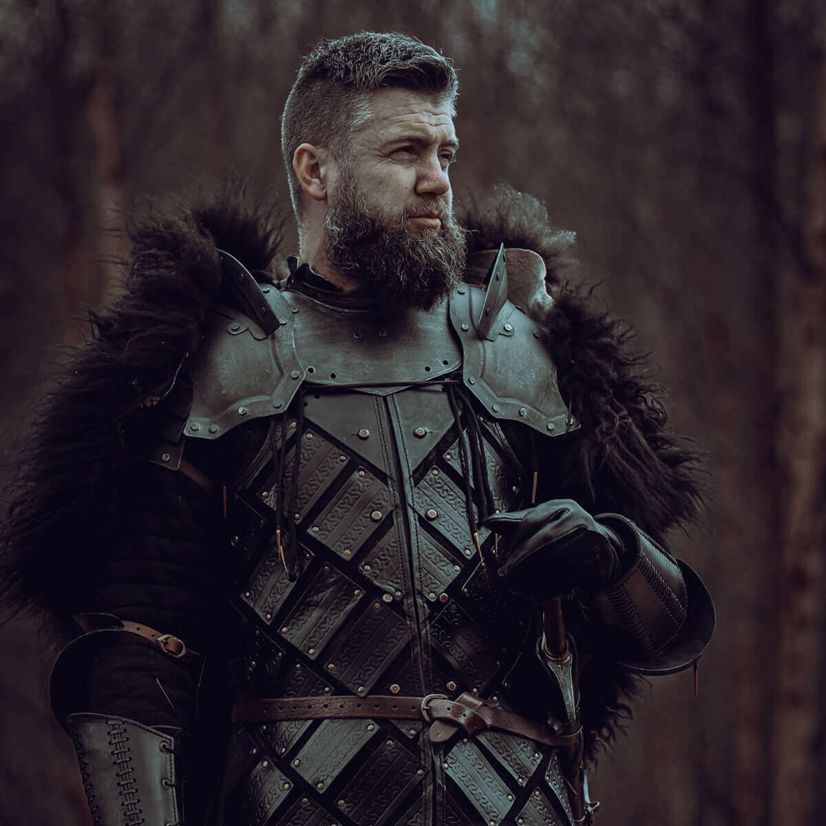 A man in medieval armor with a beard stands confidently amidst a forest backdrop, showcasing historical attire.