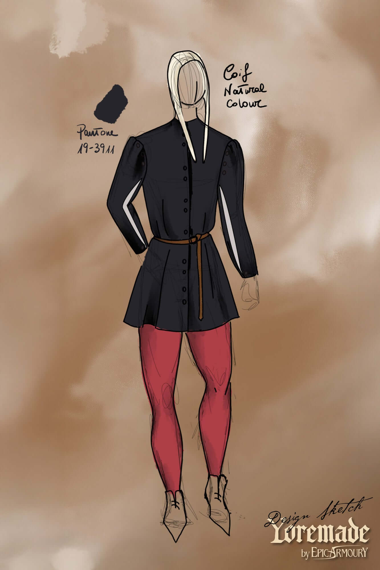 Design sketch of a Velvet Surcoat featuring a belt, buttoned front, and paired with leggings. A blend of medieval and modern styles.
