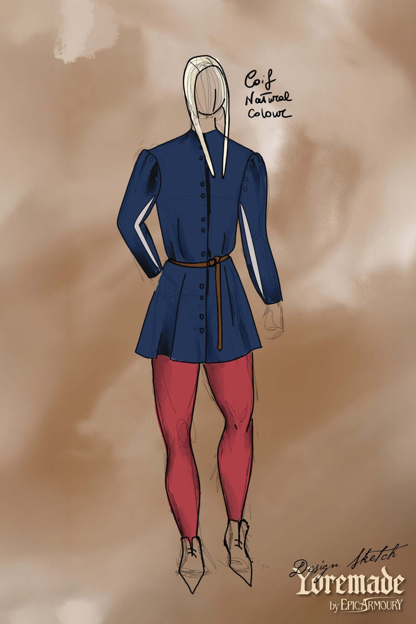 Model sketch of a Velvet Surcoat design with blue fabric, detailed sleeves, and styled leggings.