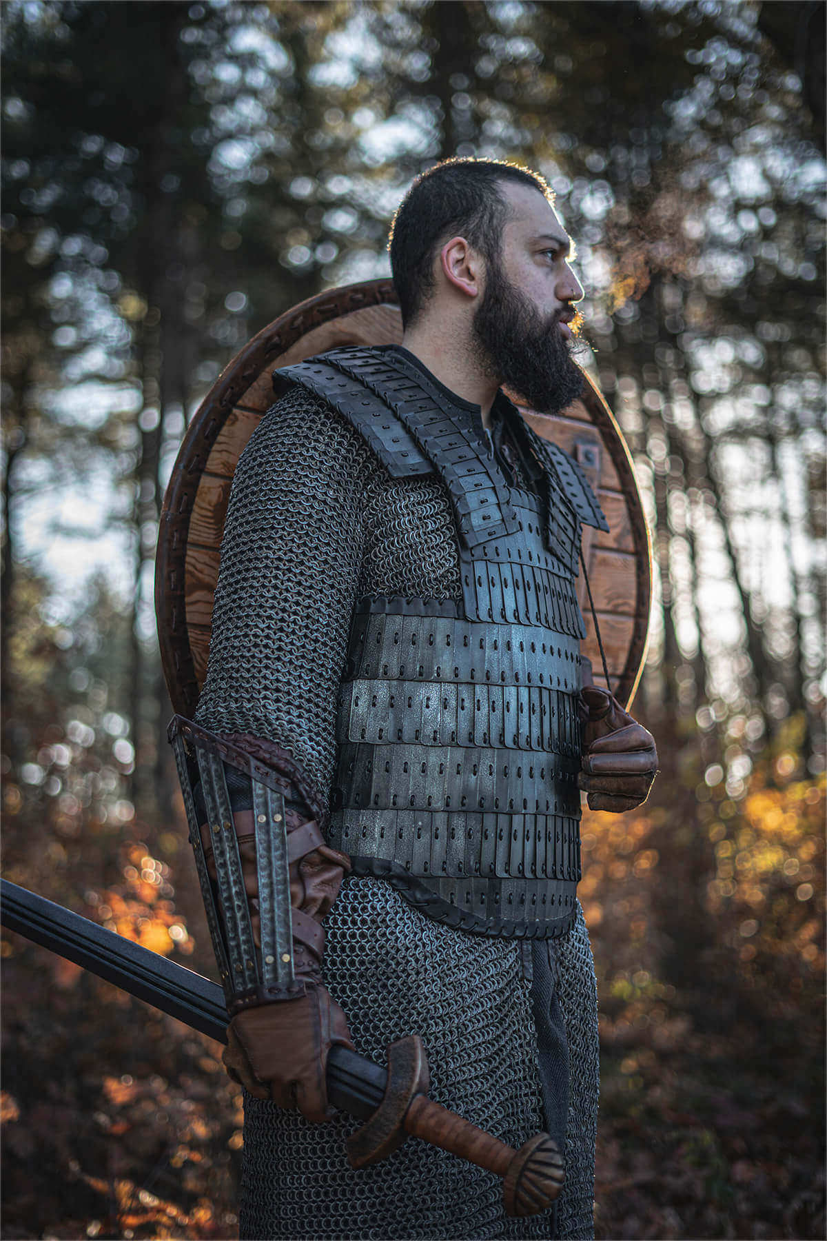 Person standing in viking armor and weaponry in a forest setting.