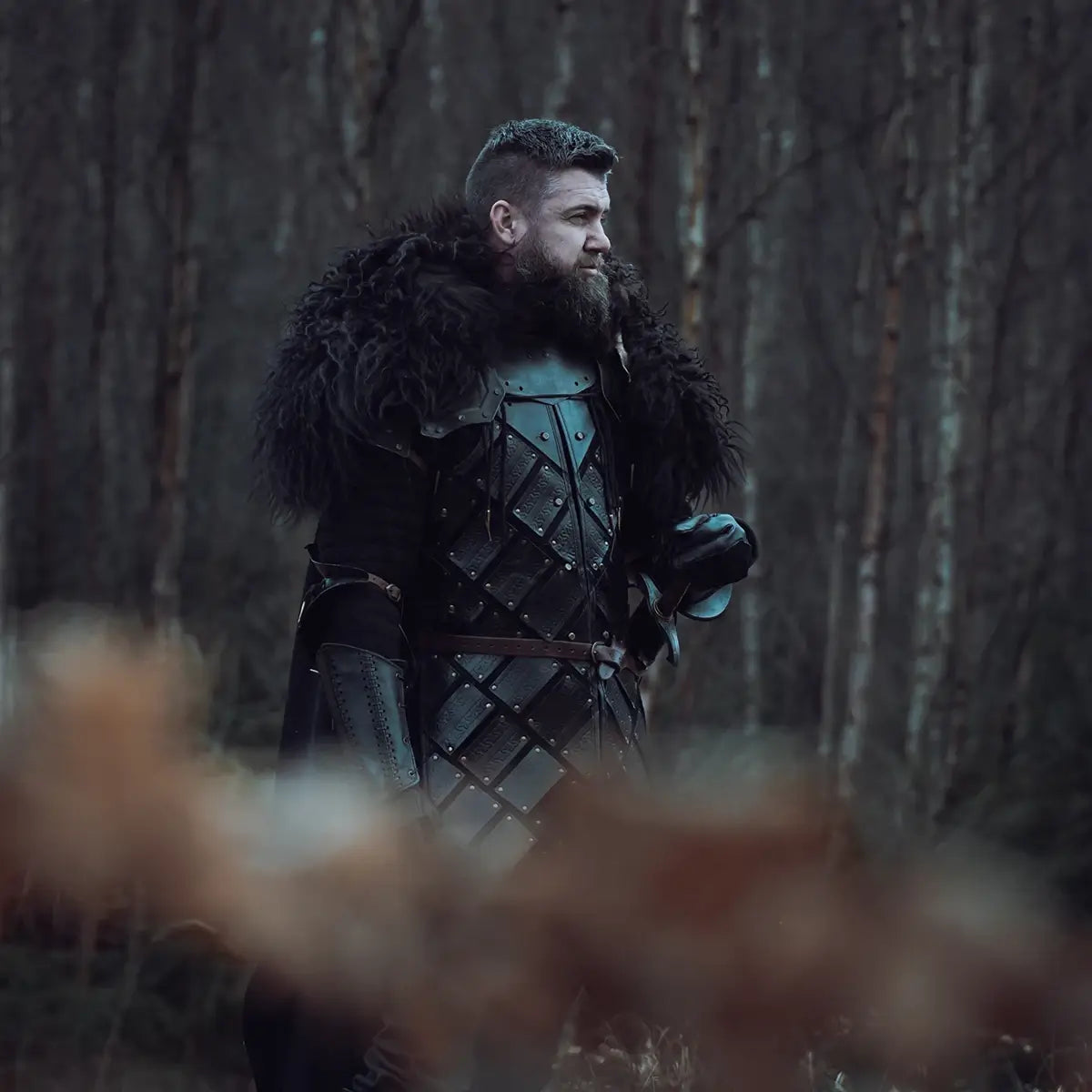 Man in medieval armor with fur cape representing character creation in fantasy settings.