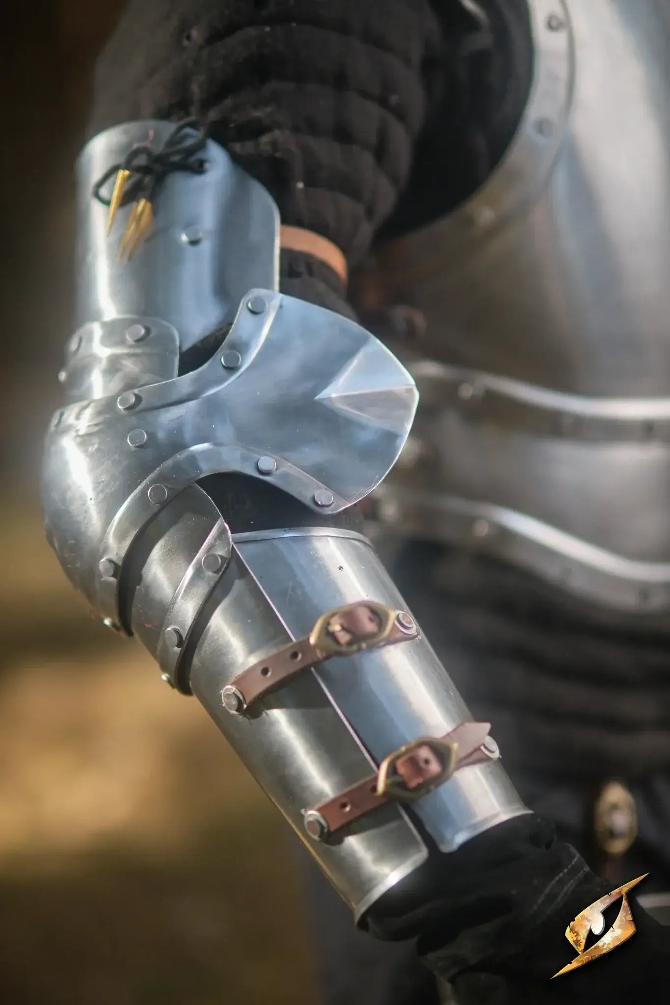 Detailed metallic arm protection featuring straps for secure fit, ideal for LARP and other activities involving Arms.