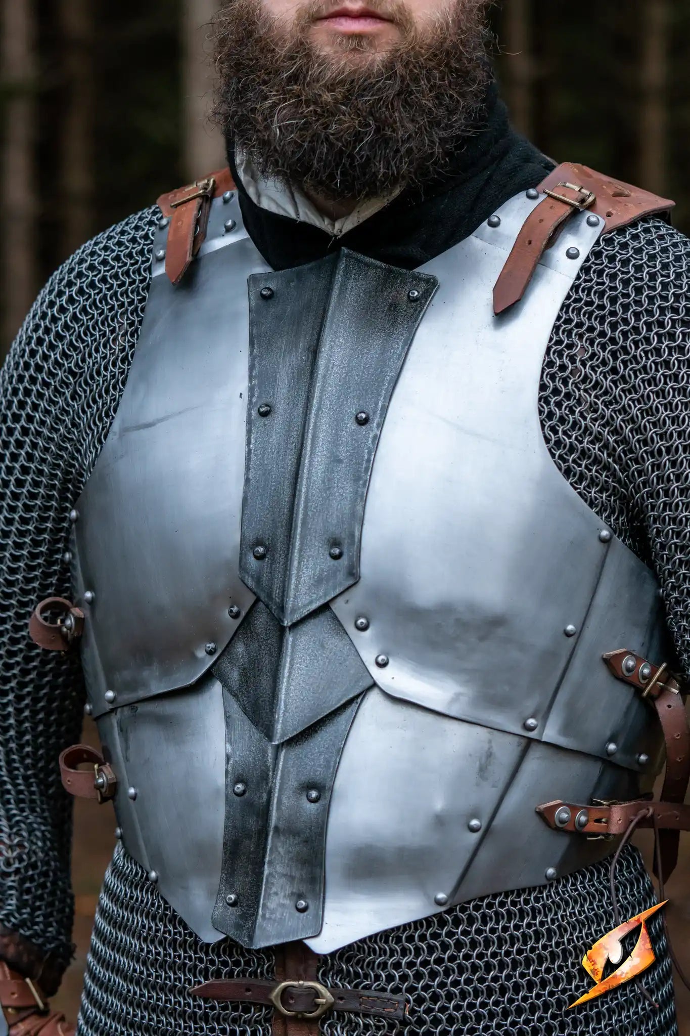 Close-up of a cuirass with straps, showcasing detailed metalwork for LARP and Renaissance costumes.