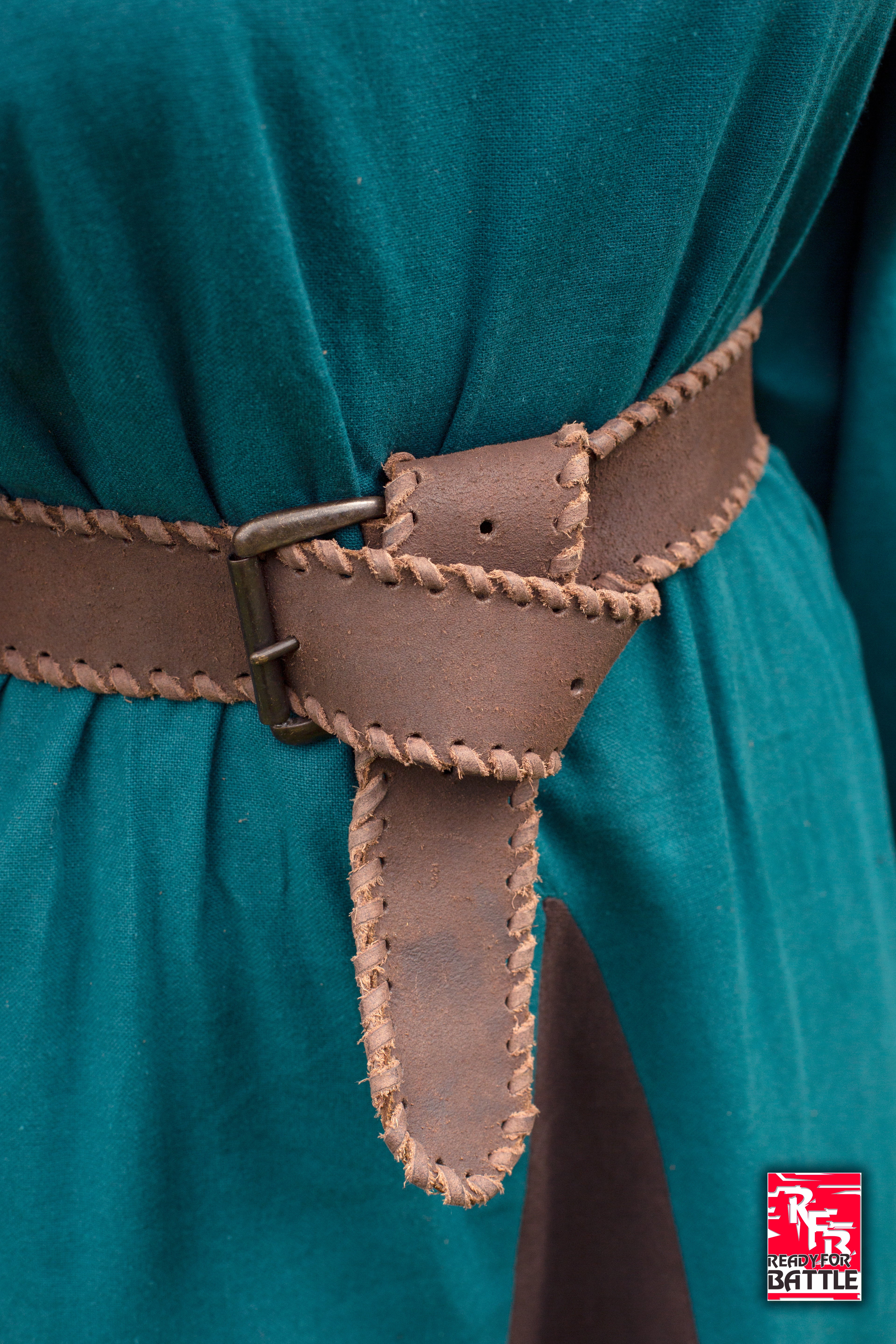 RFB Laced Belt featuring a leather design on a teal garment, ideal for historical reenactments.