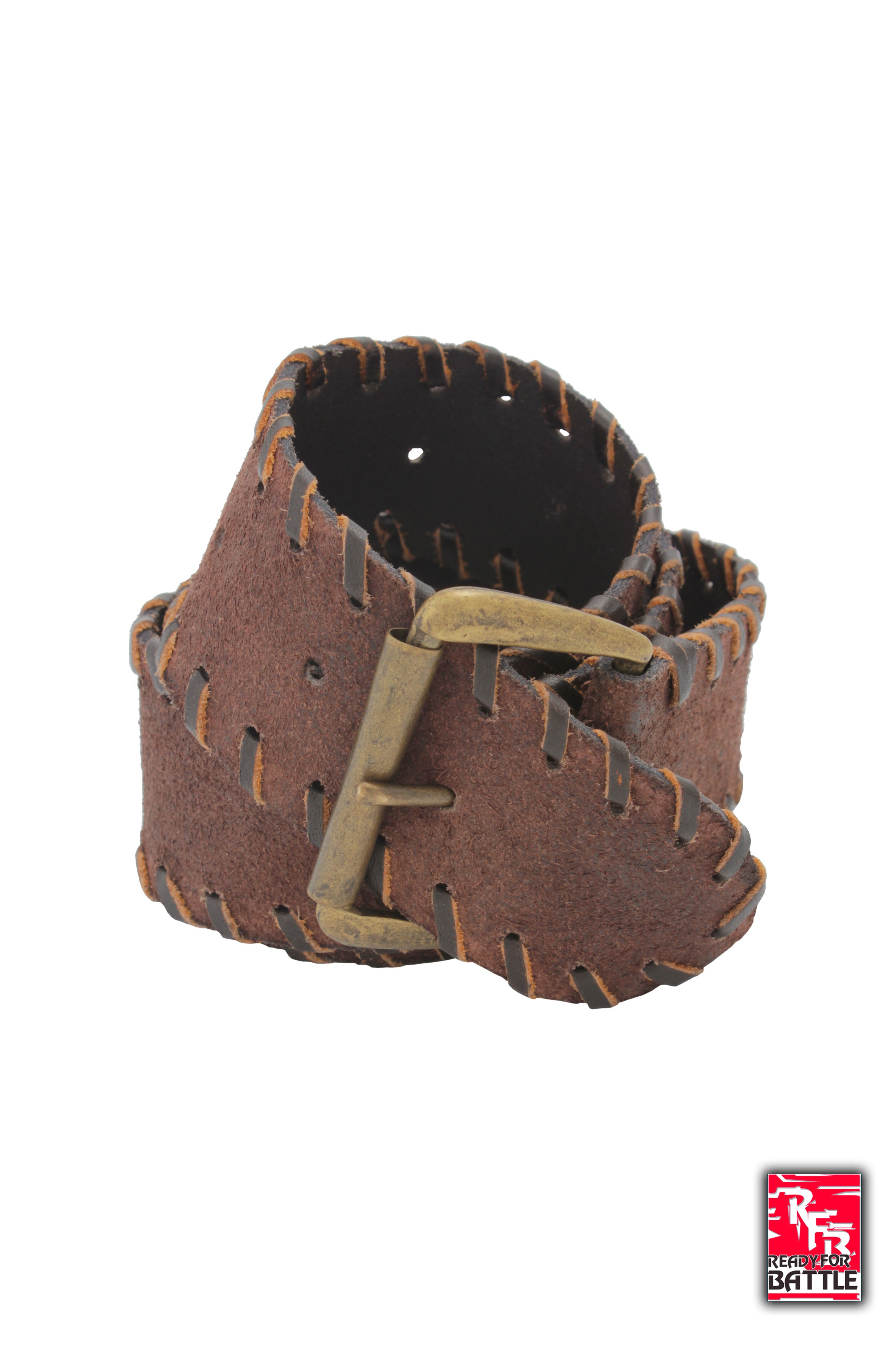 RFB Laced Belt made of sturdy leather with decorative stitching and a brass buckle.