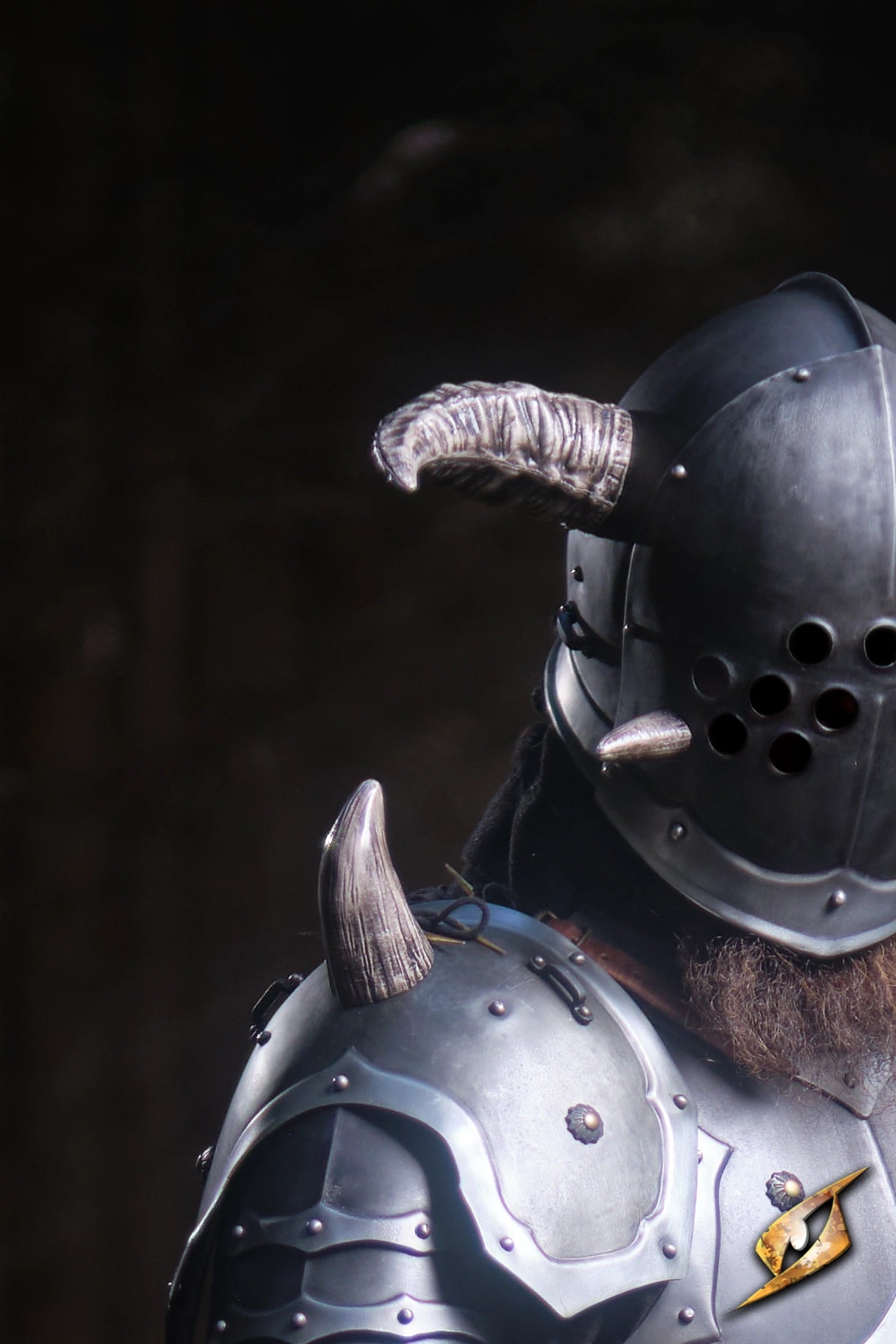 Close-up of warrior in armor featuring Mountable Demon Horns for a fierce look