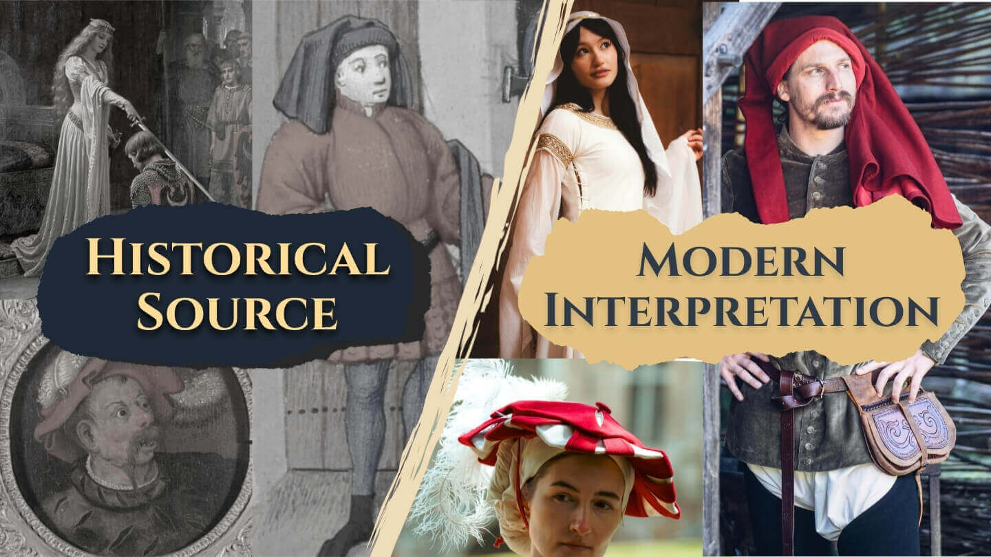 Comparison between historical source and modern interpretation of people in traditional attire.