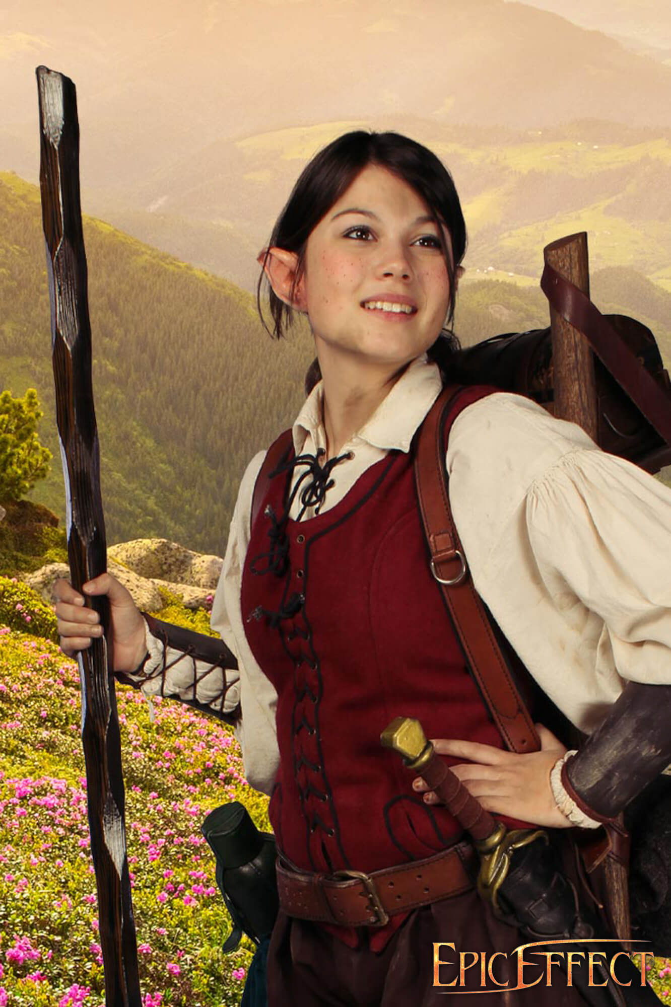 Halfling Ears worn by a character in a fantasy setting, showcasing a scenic background and whimsical attire.