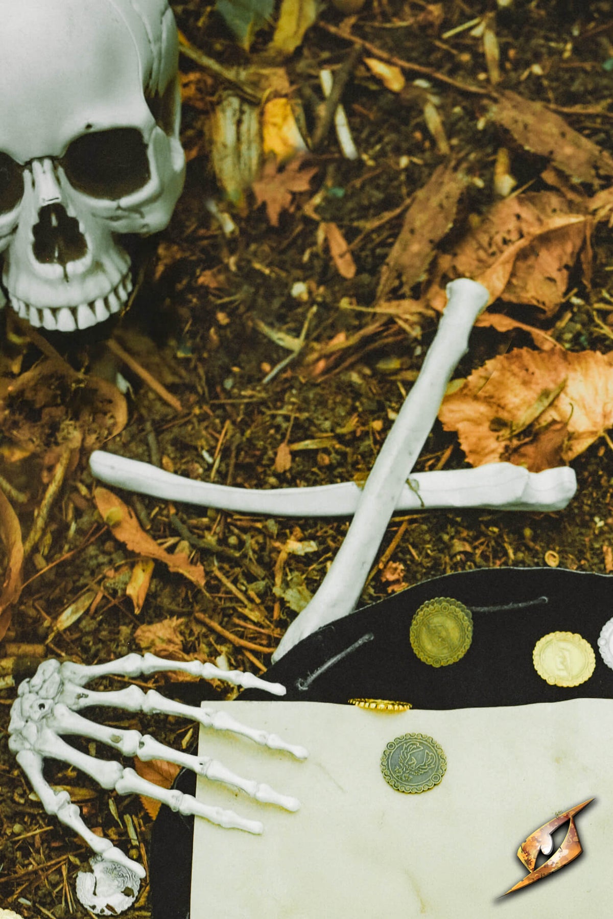 Some decorative prob bones, skull and coins lying on the forest floor