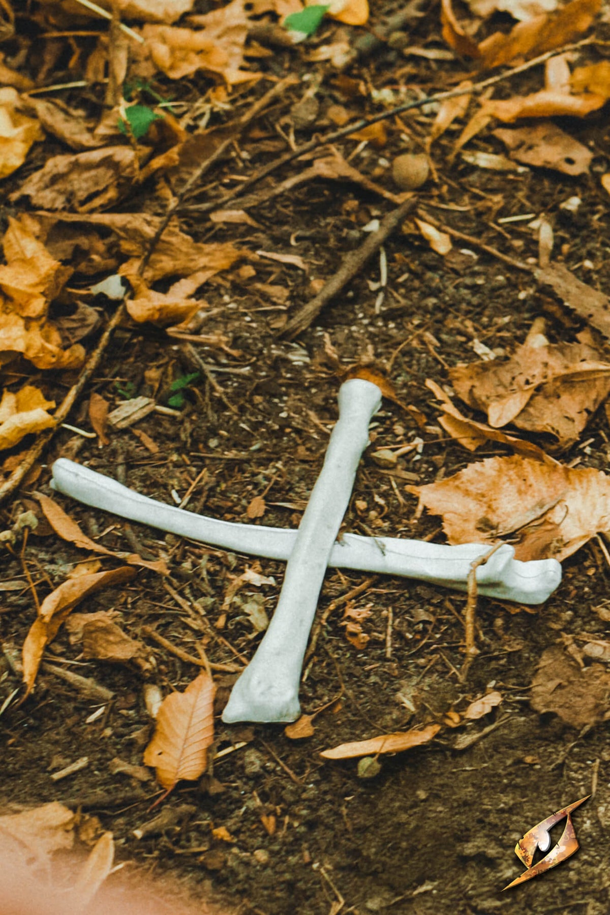 two decorative bone probs creating an X on the forest floor