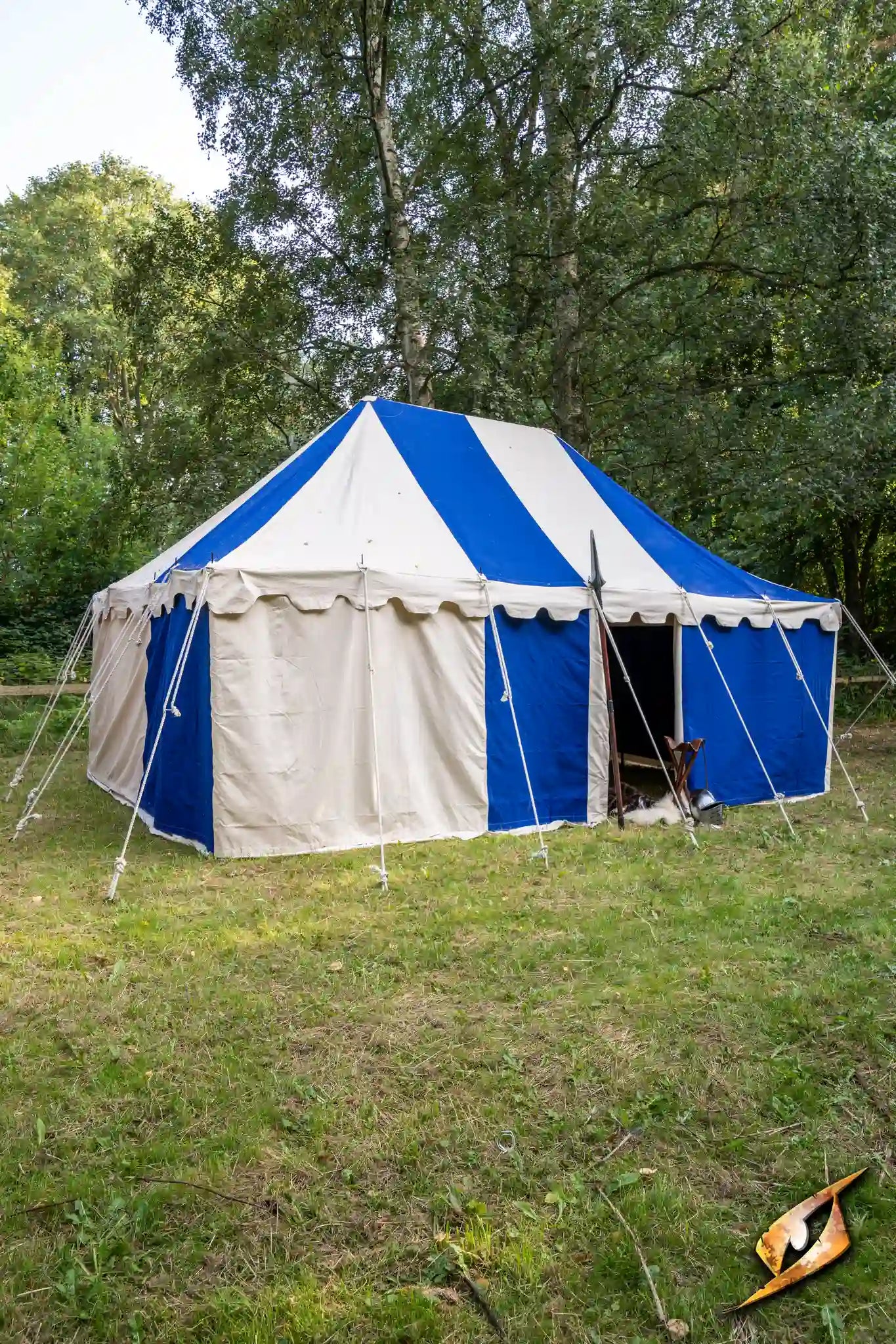 Marquee Tent - 4x6m in a grassy area, featuring blue and beige stripes and a large entrance.