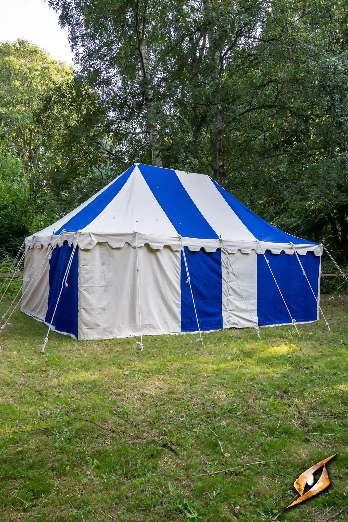 Marquee Tent - 4x6m set up in a green outdoor space with blue and white stripes.