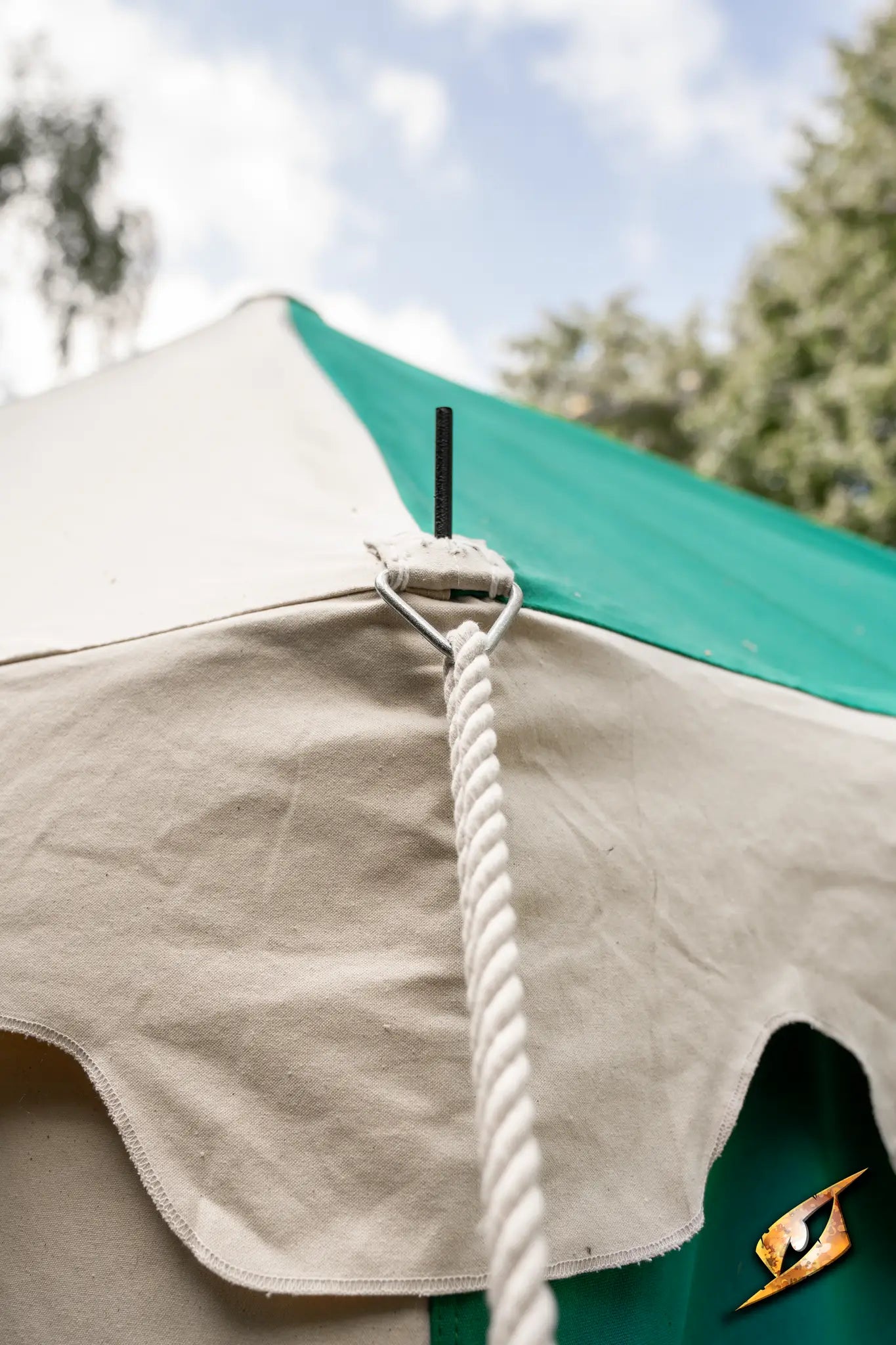 Marquee Tent - 4x6m showing the top corner with rope and attachment for secure setup.