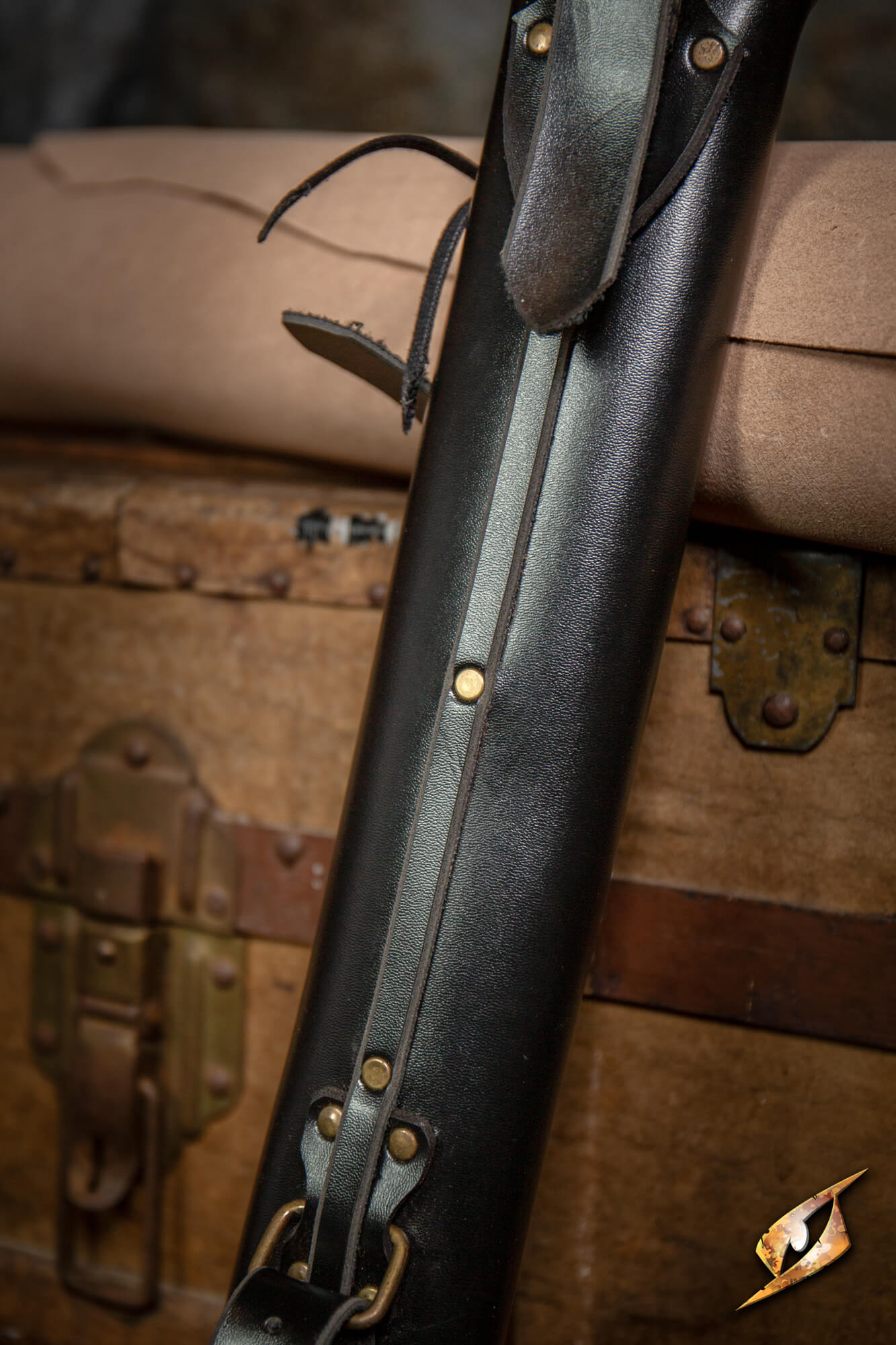 Adjustable Scabbard - Faux Leather showcasing the adjustable features and faux leather material on a wooden backdrop.
