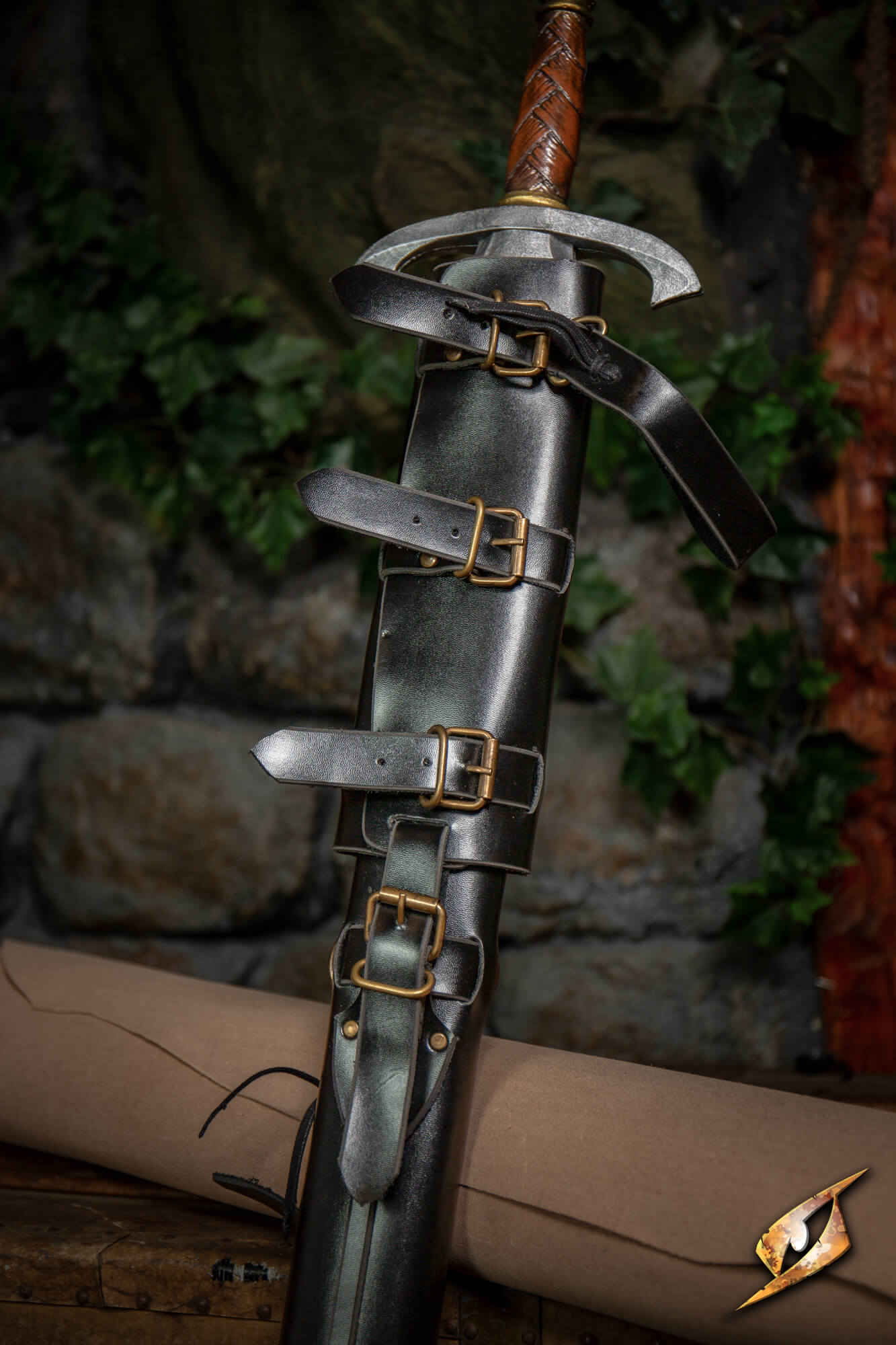 Adjustable Scabbard - Faux Leather displayed with straps and rings for sword fitting.